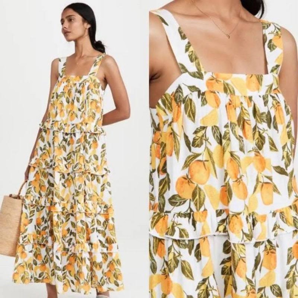 Never Fully Dressed Orange Grove Scallop Citrus Print Maxi Dress
